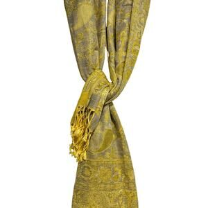 Pashmina Scarf Gold Gray Paisley w/ Fringe Washable NWT